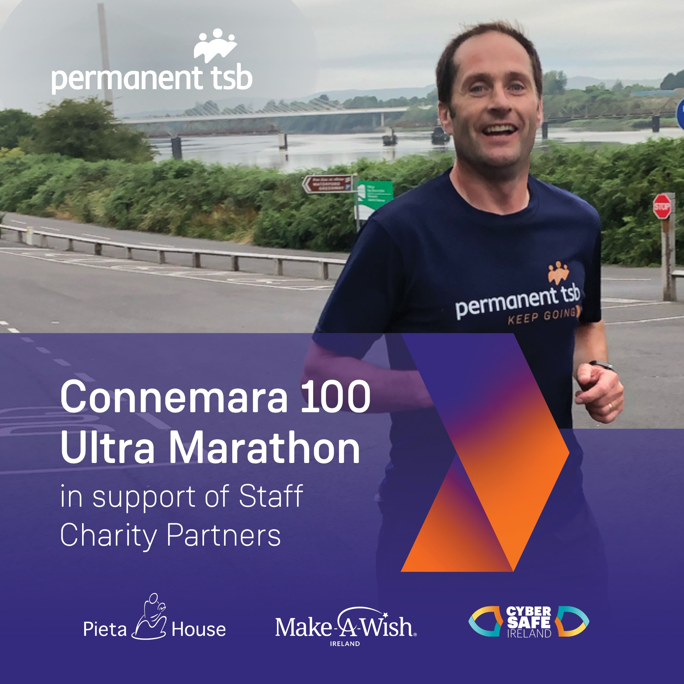 Banner showing Declan Fitzpatrick and text 'Connemara 100 Ultra Marathon, in support of Staff Charity Partners' , Charity logos 